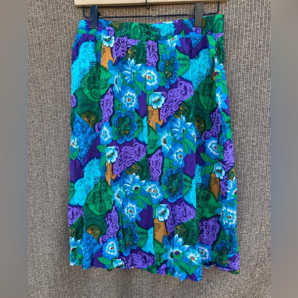 Vintage Norton McNaughton Pleated Floral Skirt Women's 12 Blue Artsy Retro Boho